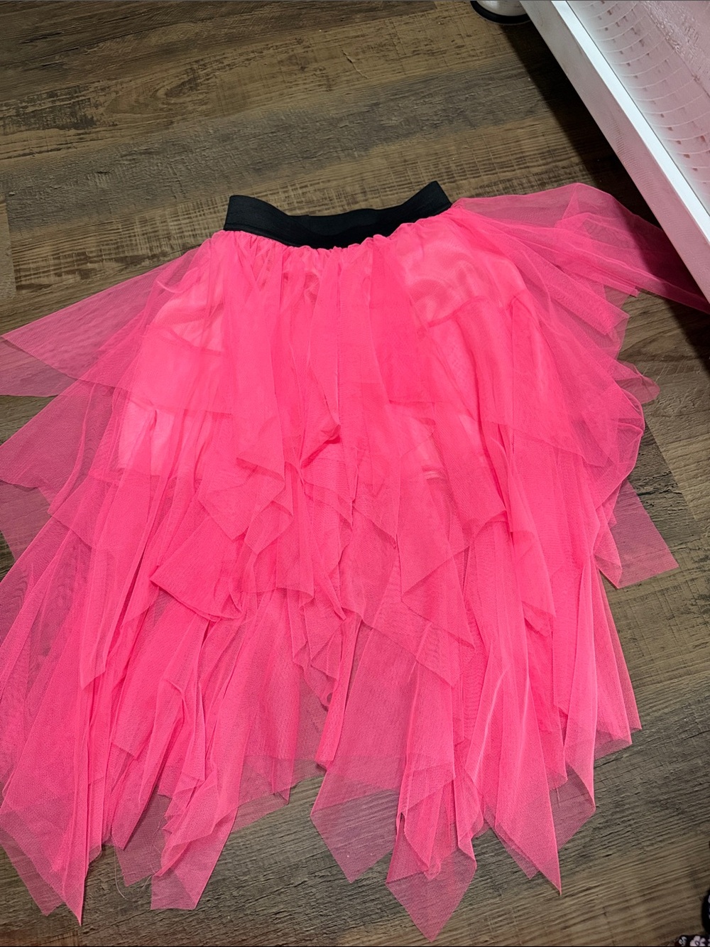 Hot Pink Layered Asymmetrical Tulle Skirt with Black Waistband